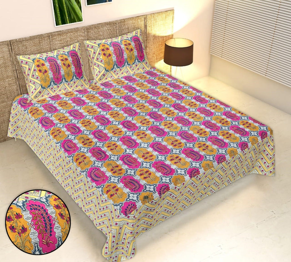 Rudra Bazaar Multicolour 210 TC Cotton Double King Bedsheet With 2 Pillow Covers
