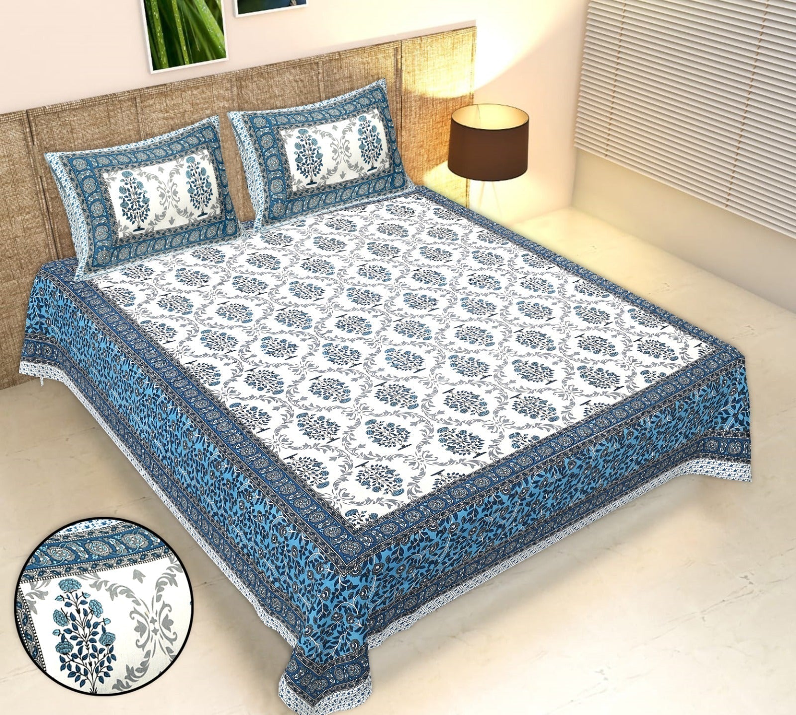 Rudra Bazaar Multicolour 210 TC Cotton Double King Bedsheet With 2 Pillow Covers