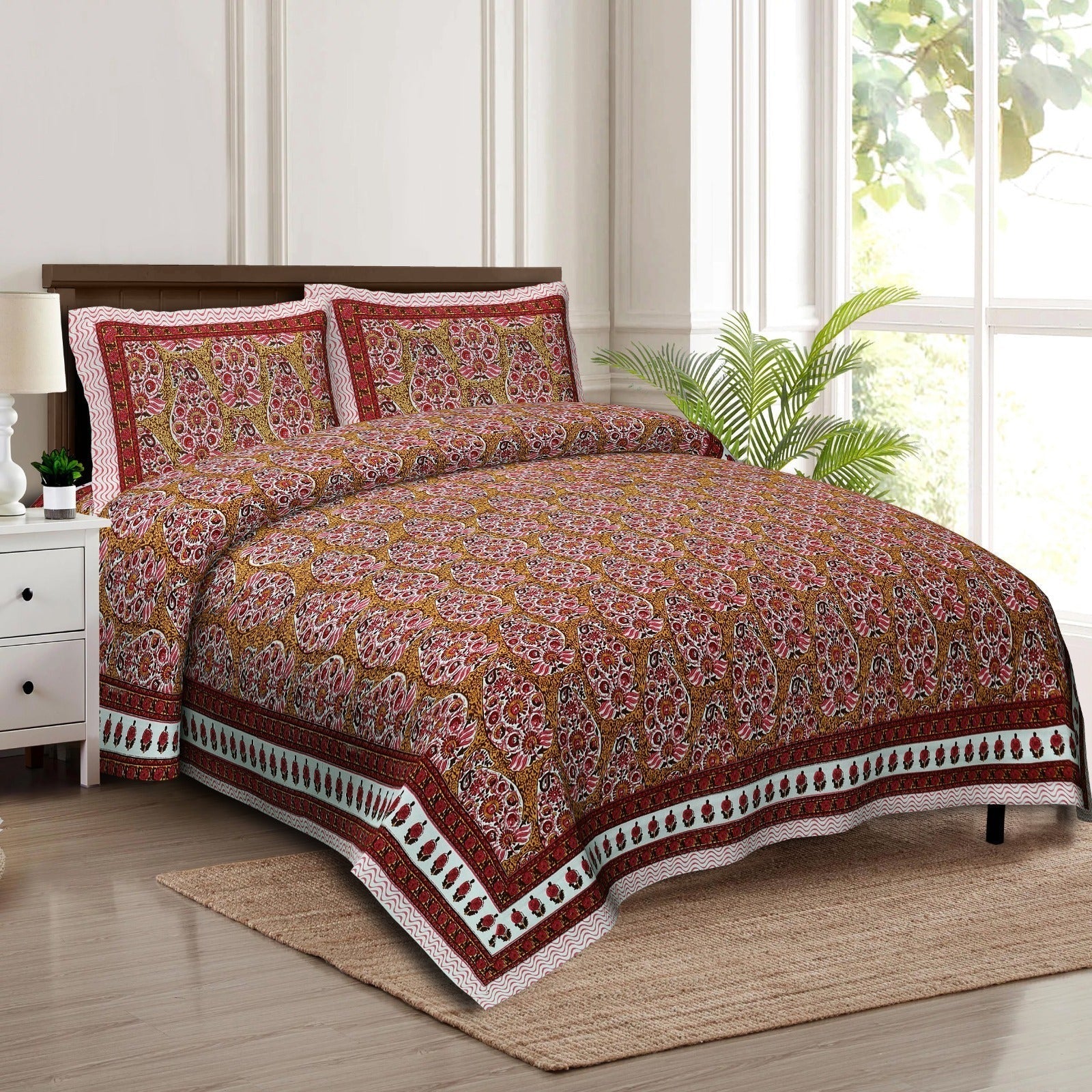 Rudra Bazaar Multicolour 210 TC Cotton Double King Bedsheet With 2 Pillow Covers