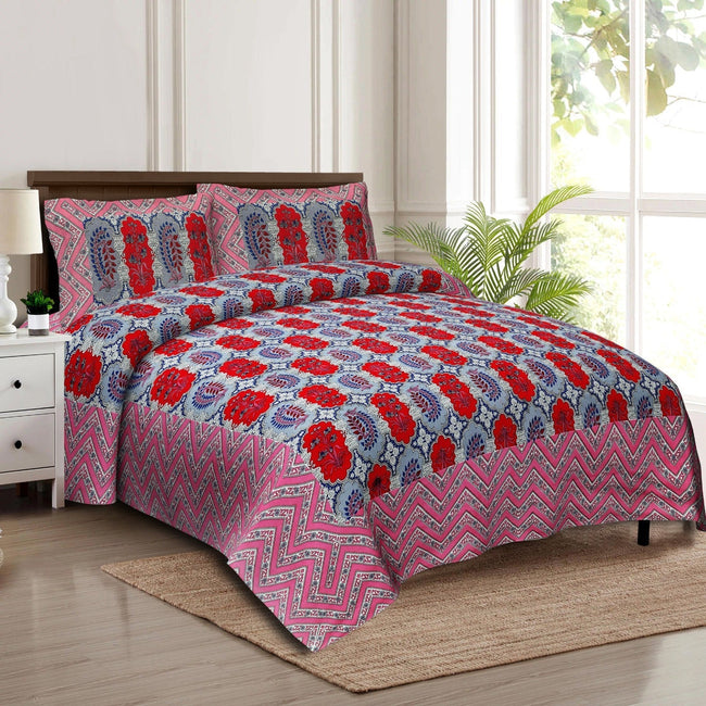 Rudra Bazaar Multicolour 210 TC Cotton Double King Bedsheet With 2 Pillow Covers Hover Image