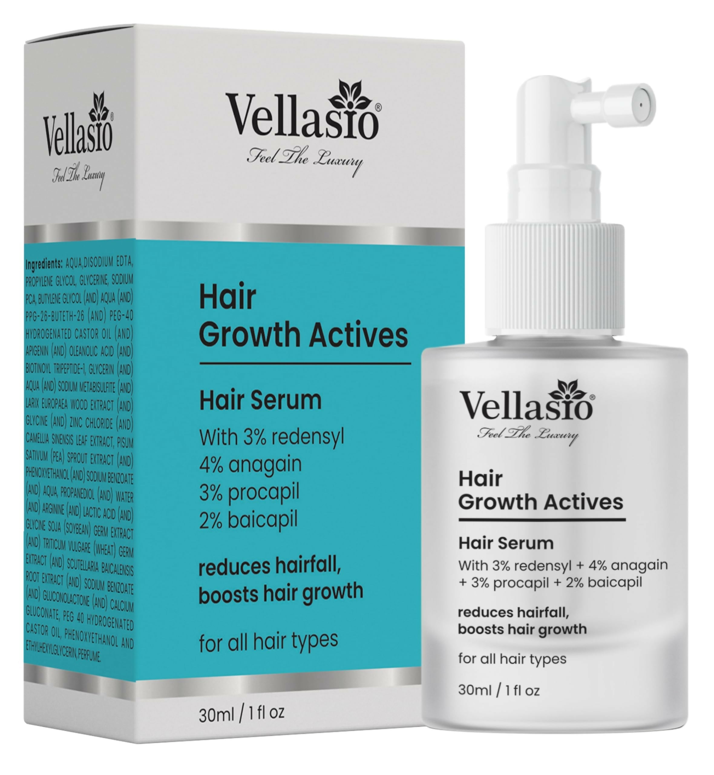 Vellasio Hair Growth Serum Actives - 3% Redensyl, 4% Anagain, 3% Procaoil, 2% Baicapil