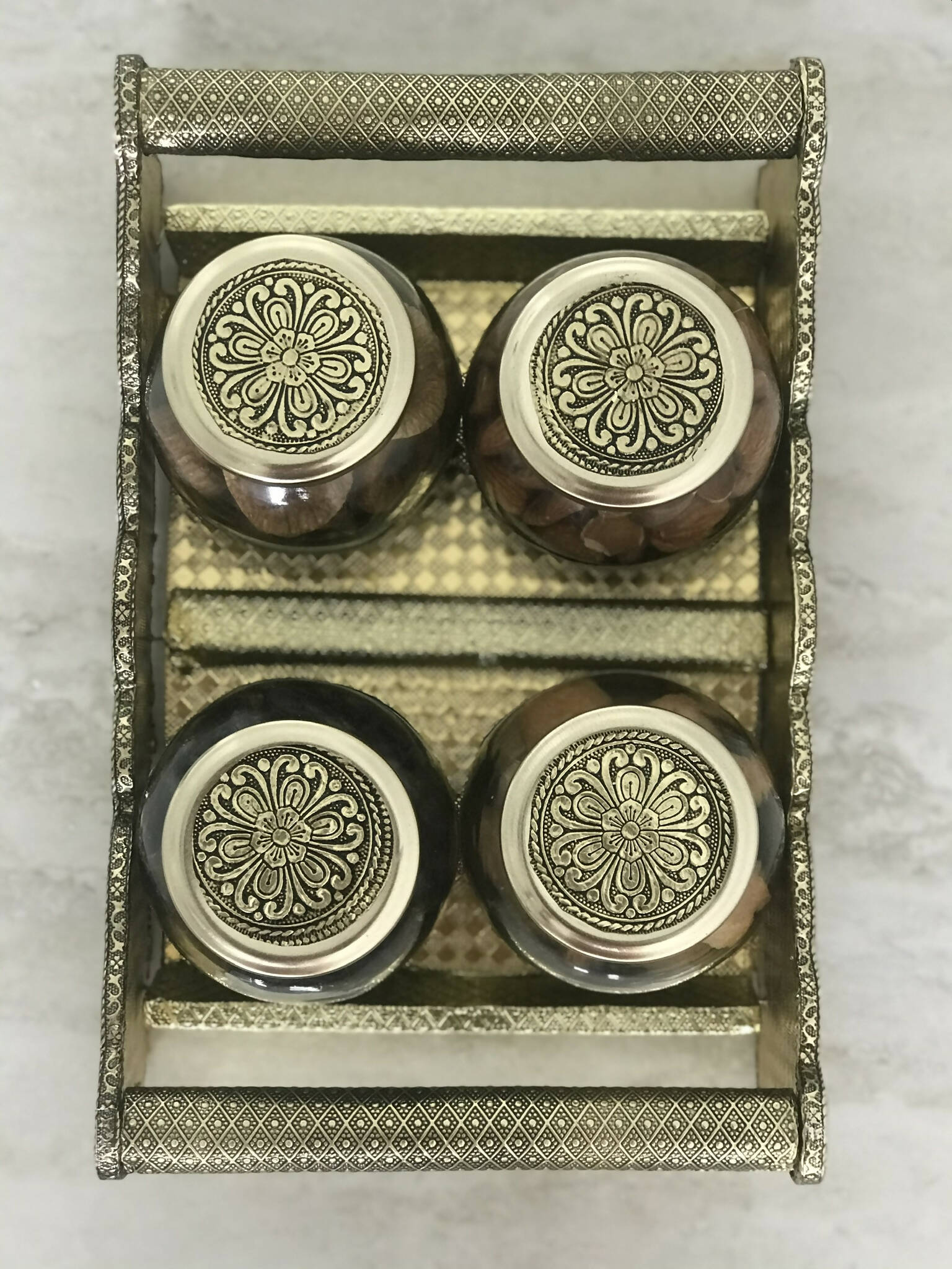 SK Mithaii | Assorted 4 Designed Jar Dry Fruit Tray | Almonds | Apricots | Figs | Black Resins