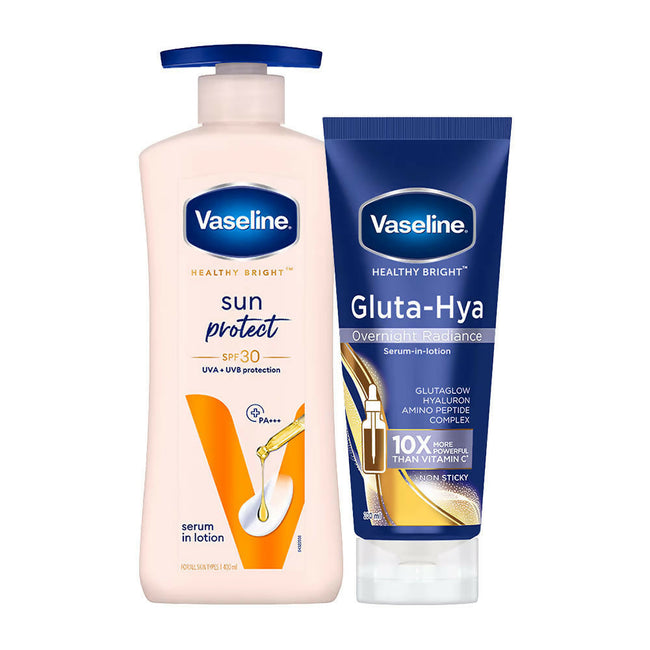Vaseline Gluta Hya Overnight Radiance + Sun Protect SPF 30 Body Lotion Combo Hover Image