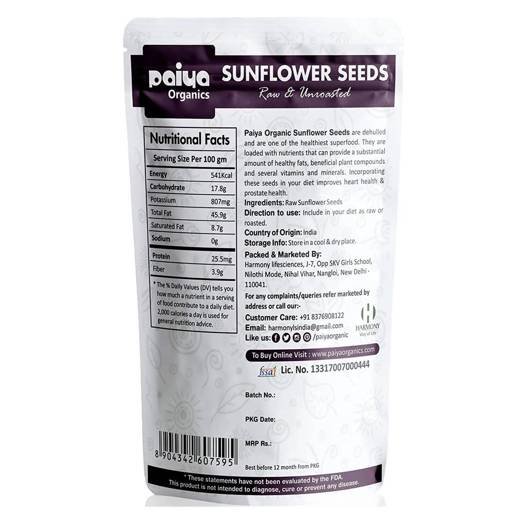 Paiya Organics Sunflower Seeds Raw & Unroasted