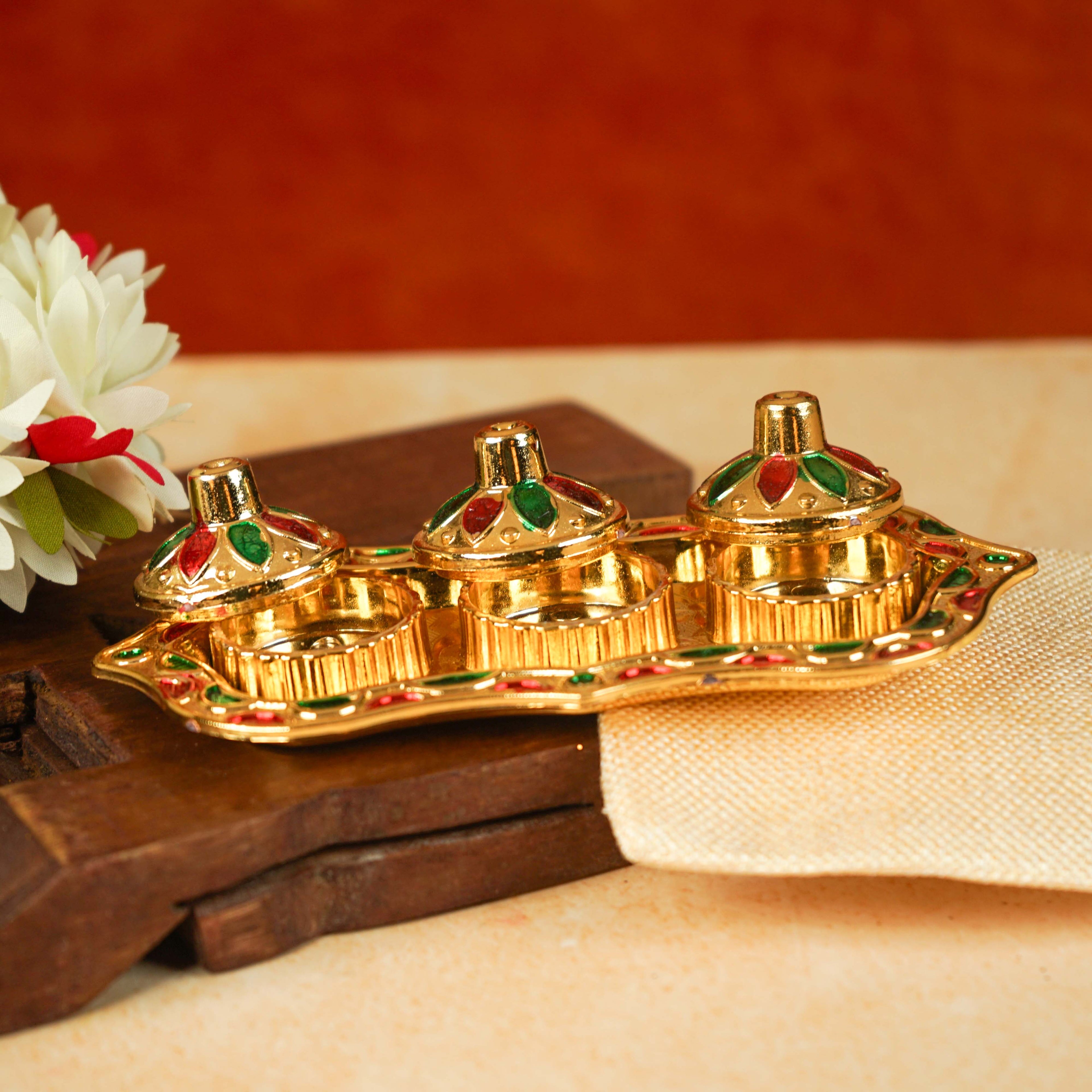 Sri Rudra Fiber Gold Kumkum Haldi Chandan Tray (SR 01962)