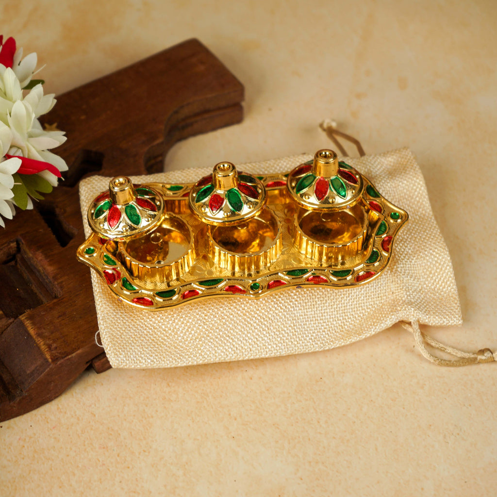Sri Rudra Fiber Gold Kumkum Haldi Chandan Tray (SR 01962)