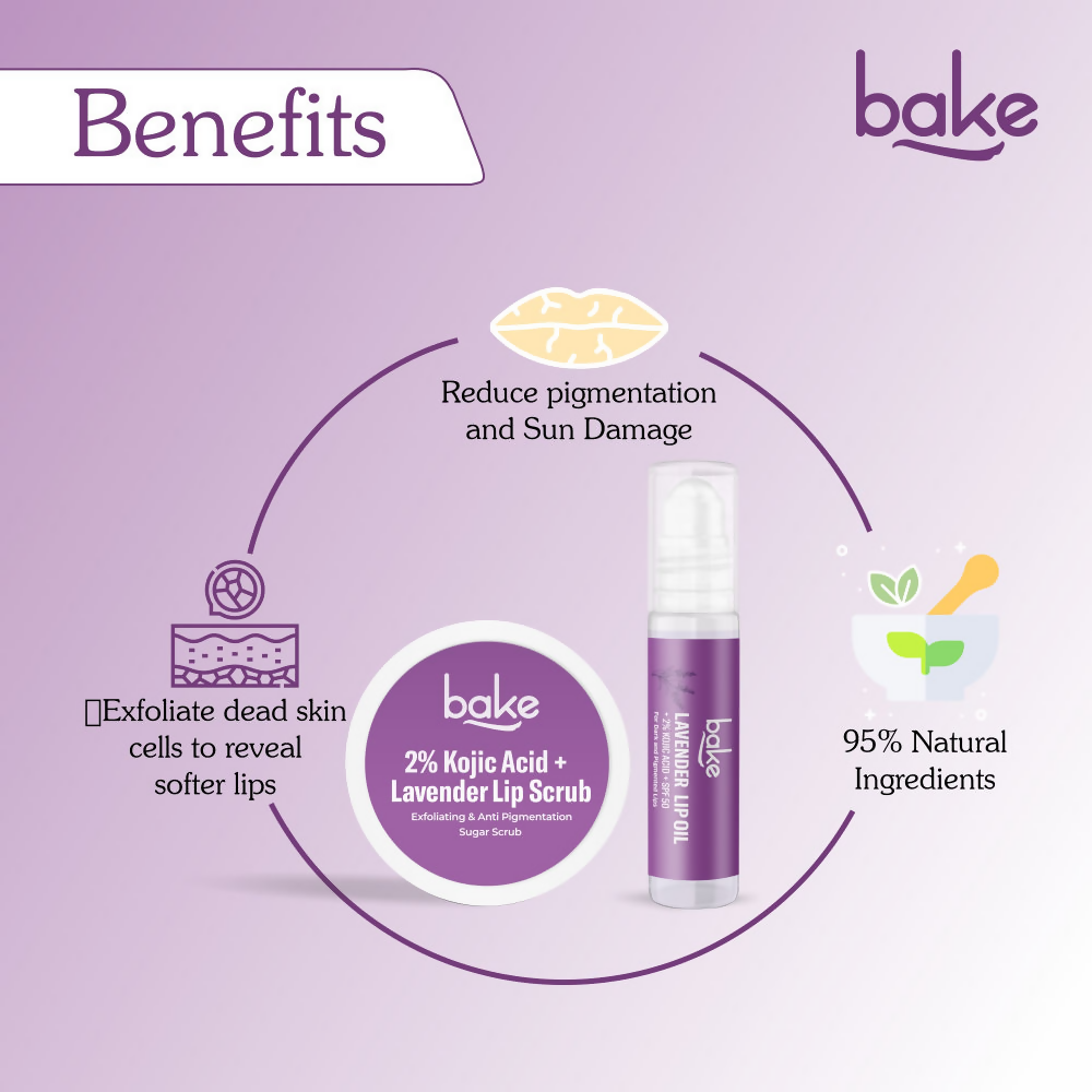Bake Kojic Acid Lavender Lip Kit With Lip Balm SPF 50 & Lip Scrub For Dark & Pigmented Lips