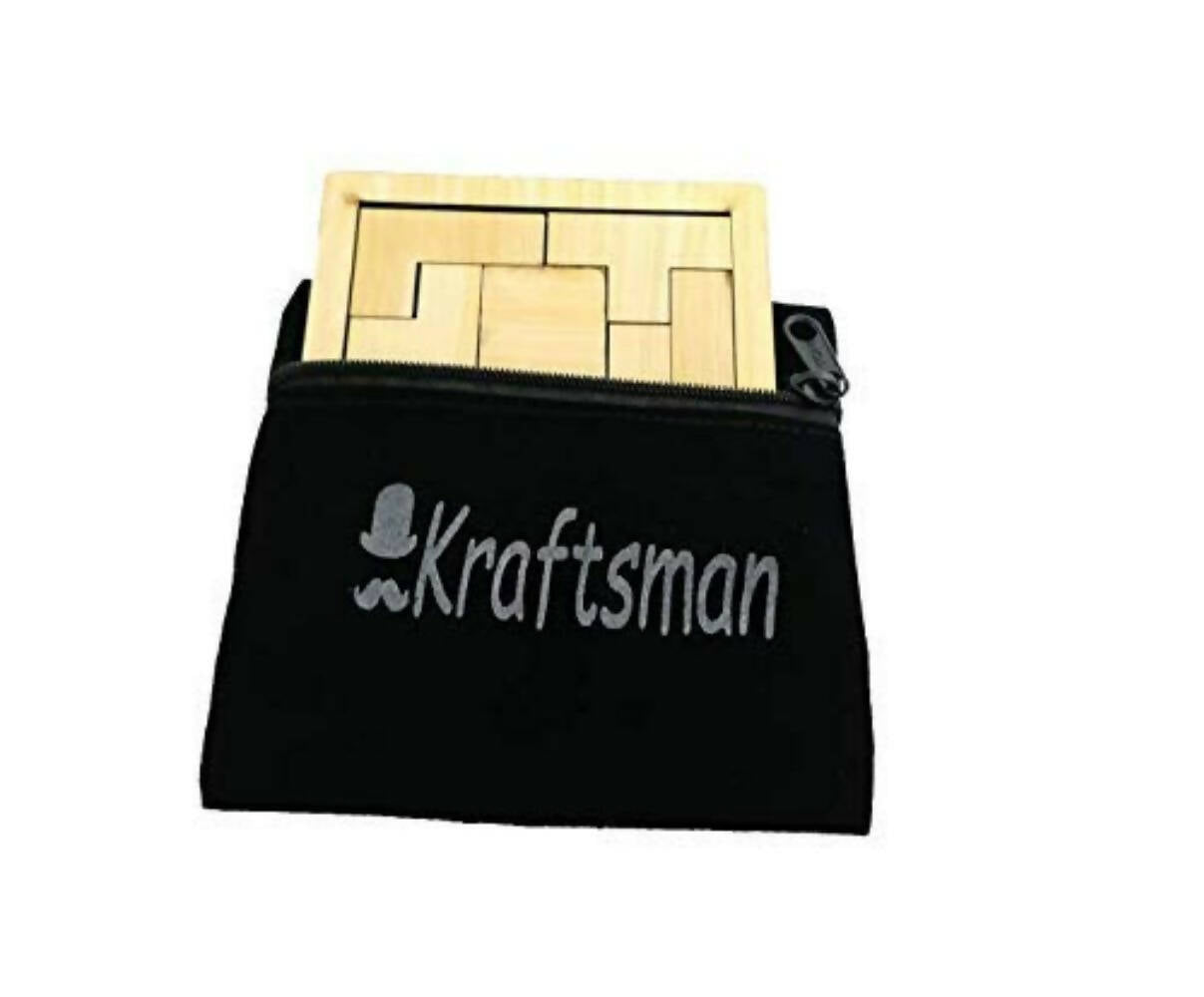 Kraftsman Portable Wooden Tetris Puzzle | 9 Pieces Puzzle 6x6 Board for Kids and Adults | Travel Pouch Included