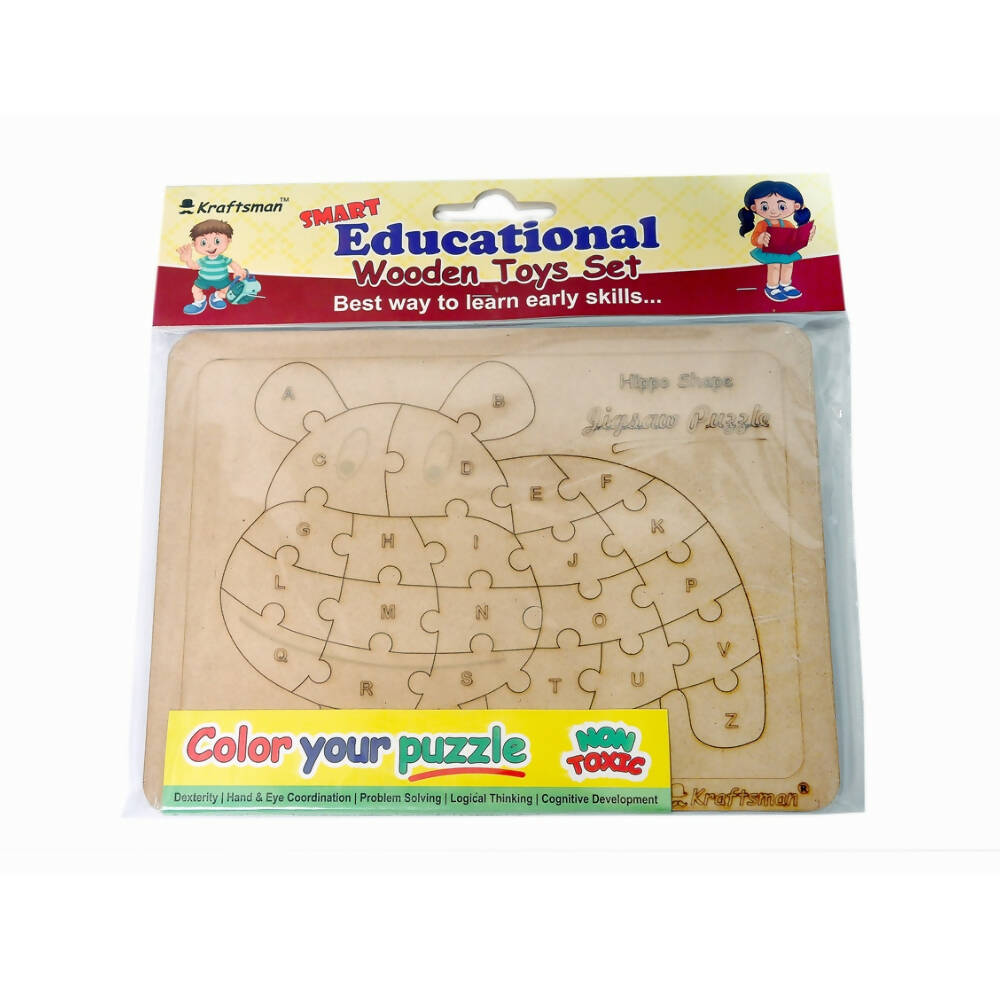 Kraftsman English Alphabets Wooden Jigsaw Puzzles Hippo Shape Puzzle | Color Kit Included