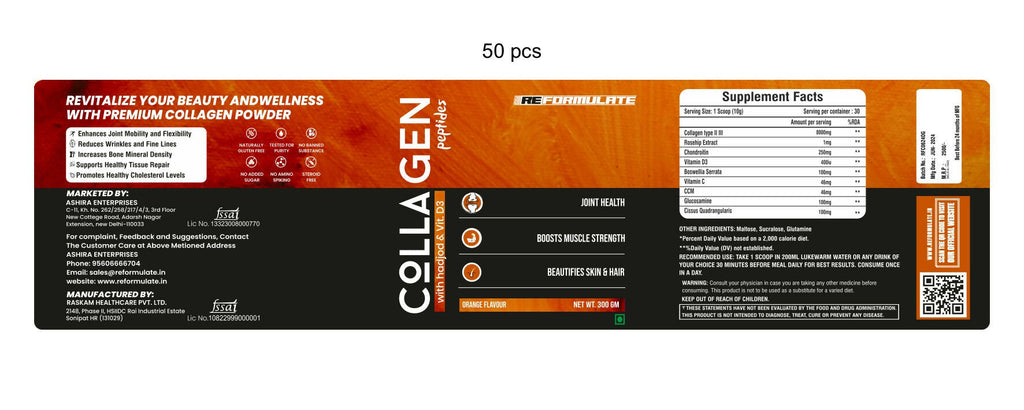 Reformulate Colla Gen Powder Peptides With Hadjod & Vitamin D3 I Joint Health I Boosts Muscle Strength I Beautifies Skin & Hair I Orange