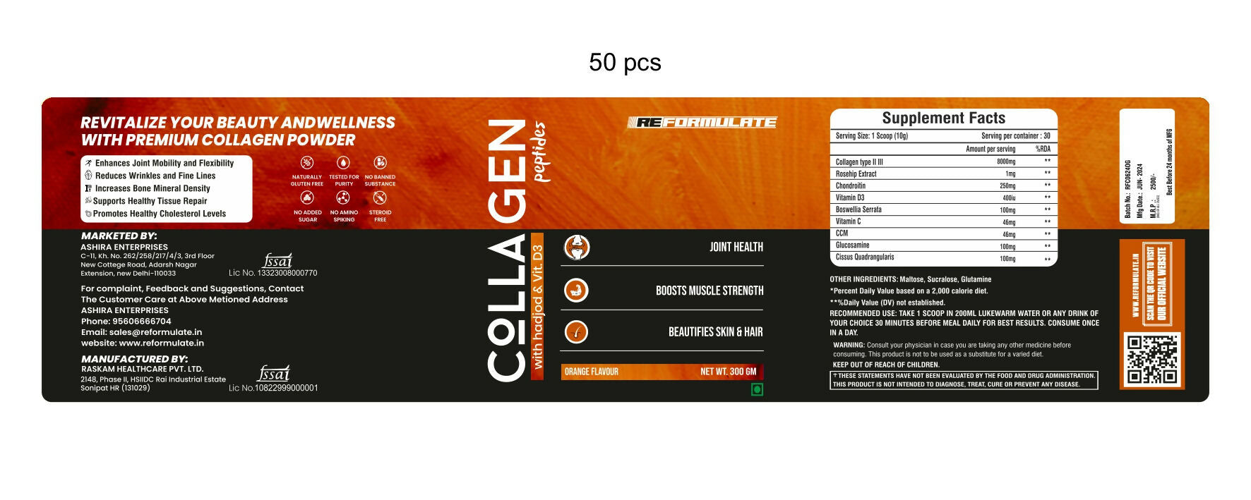Reformulate Colla Gen Powder Peptides With Hadjod & Vitamin D3 I Joint Health I Boosts Muscle Strength I Beautifies Skin & Hair I Orange