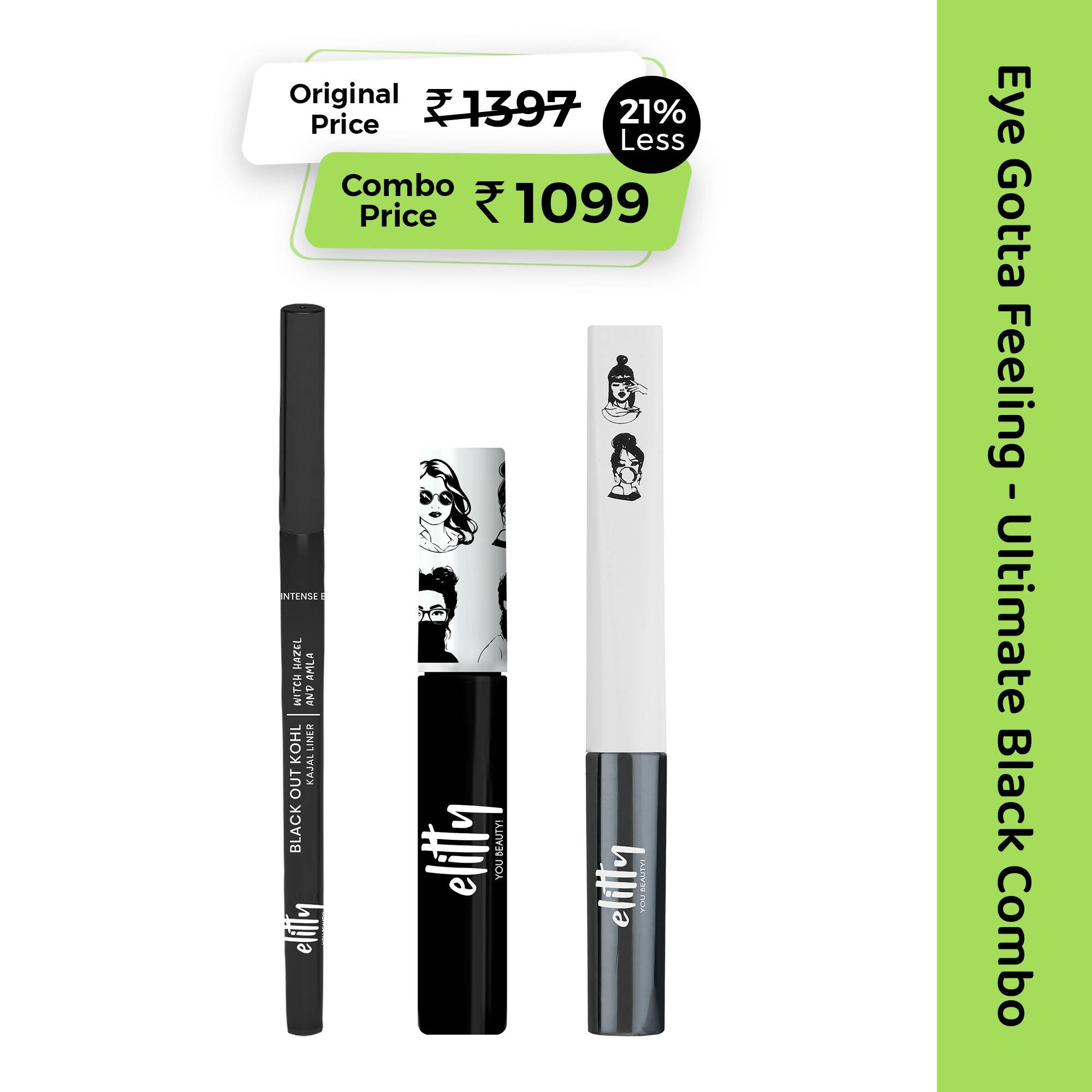 Elitty Eye Gotta Feeling Ultimate Black 3 in 1 Eyeliner, Kajal, Mascara Combo