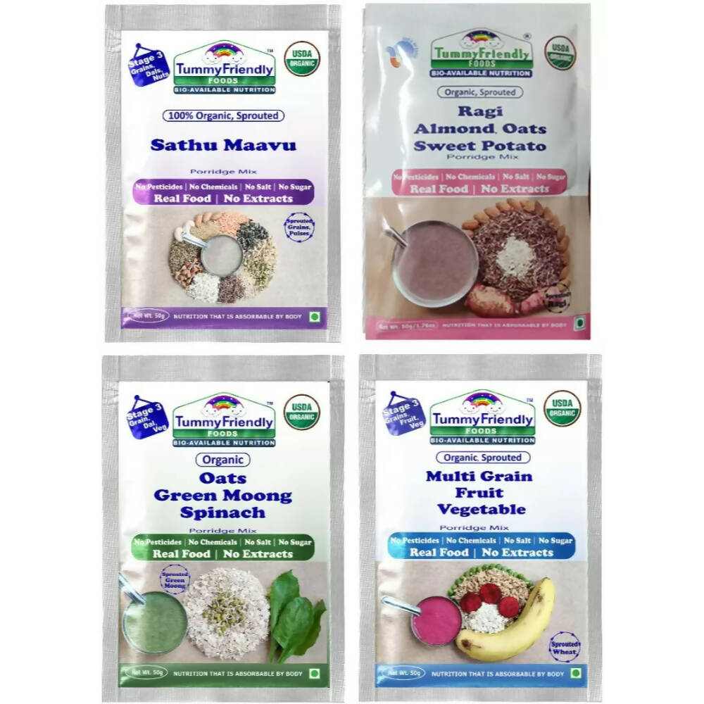 TummyFriendly Foods Certified Stage3 Porridge Mixes Trial Packs - Ragi, MultiGrain, Oats, Sathu Maavu for 8 Months Old Baby