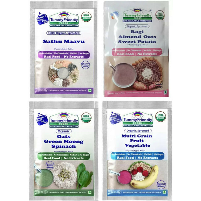 TummyFriendly Foods Certified Stage3 Porridge Mixes Trial Packs - Ragi, MultiGrain, Oats, Sathu Maavu for 8 Months Old Baby Hover Image