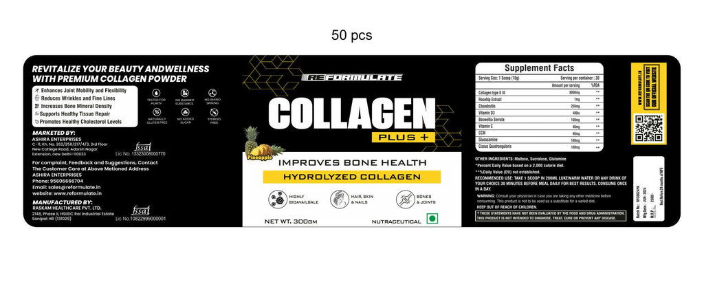 Reformulate CollaGen Plus+ Improves Bone Health Hydrolyzed Collagen I Hair I Skin I Nails I Bones I Joints I Non-Veg I Pine Apple