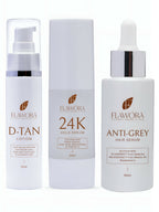 Flawora Anti-Grey Hair Serum, D-Tan Lotion and Gold Face Serum Combo