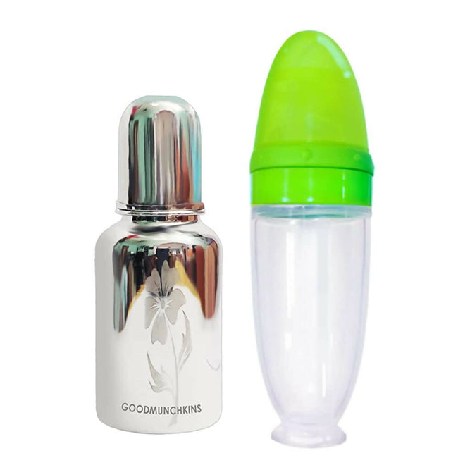 Goodmunchkins Stainless Steel Feeding Bottle with Spoon Food Feeder for Baby Anti Colic Silicon Nipple Feeder 220 ml Combo Pack-Green Main Image