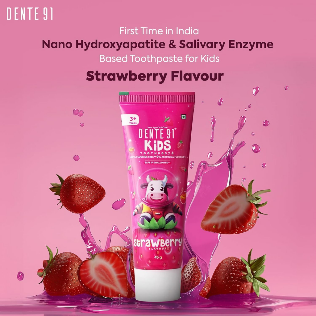Dente91 Kids Toothpaste Protects Against Dental Caries & Hypersensitivity Fluoride Free Strawberry Flavour