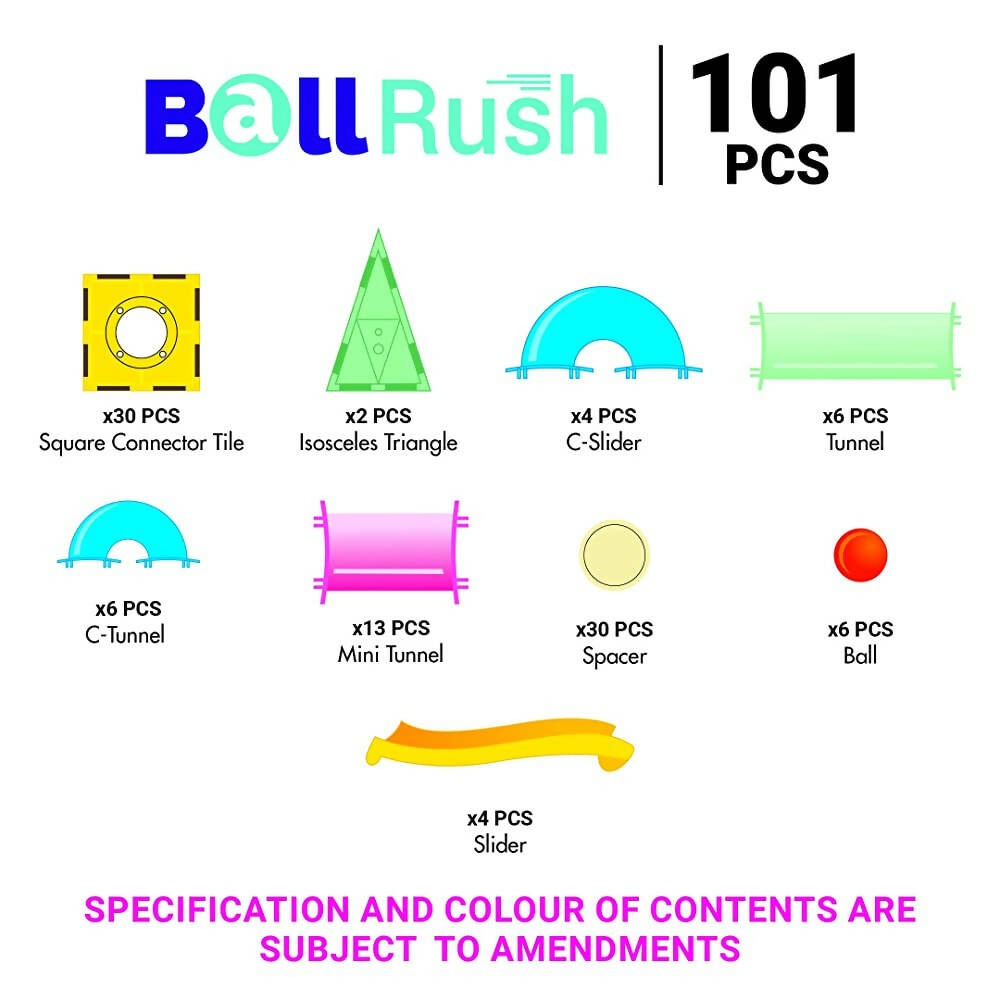 Kipa MagPlay BallRush Magnetic Tiles 101 Pieces with Storage Container Ball Run Set for Kids. 3D Stem Educational Toys. Magnetic Marble Run for Kids