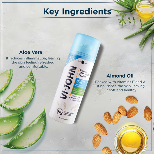 VI-JOHN Dermatologically Tested Premium Claming Aqua Shaving Foam Enriched with Aloevera & Almond Oil Free From Silicone, Paraben & Mineral Oil Main Image