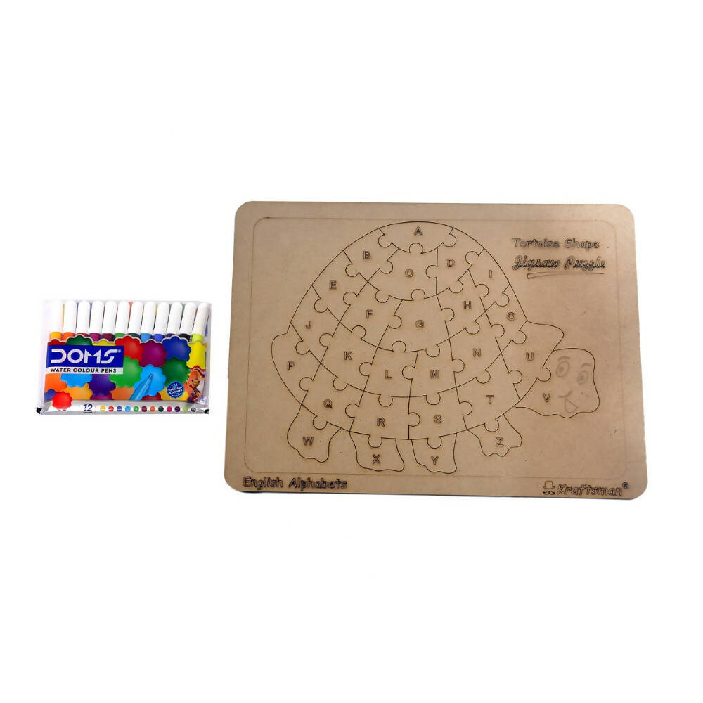 Kraftsman English Alphabets Wooden Jigsaw Puzzles Tortoise Shape Puzzle | Color Kit Included