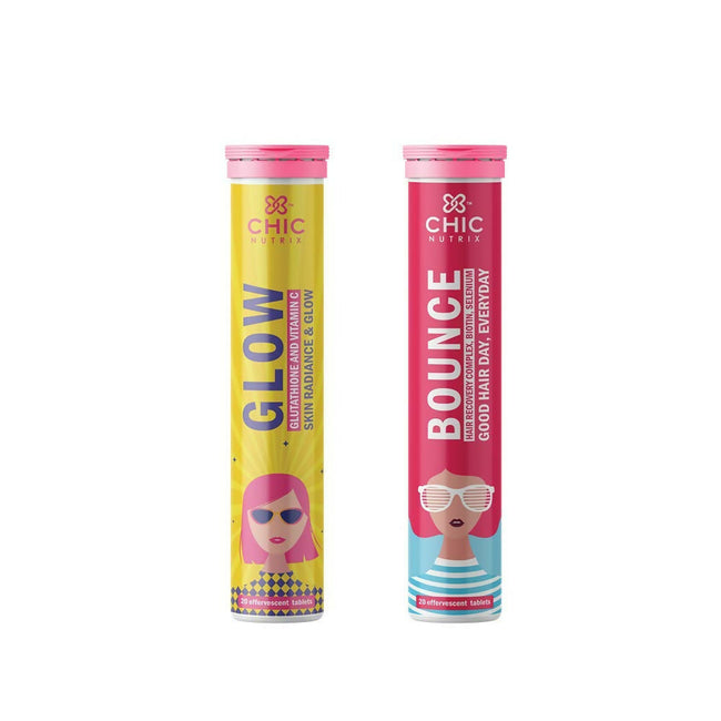 Chicnutrix Glow Japanese Glutathione & Vit. C and Bounce Biotin Effervescent Tablets Combo - Skin Whitening and Hair Growth Supplements Hover Image