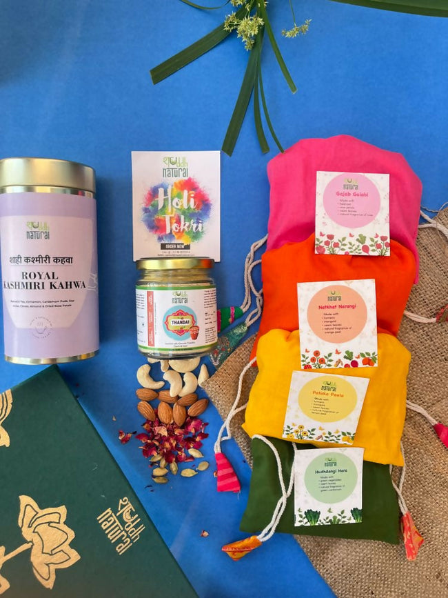 Shuddh Natural Ubtan Based Herbal Gulal, Ayurvedic Thandai Powder, Kashmiri Kahwa | Holi Gift Hamper Hover Image