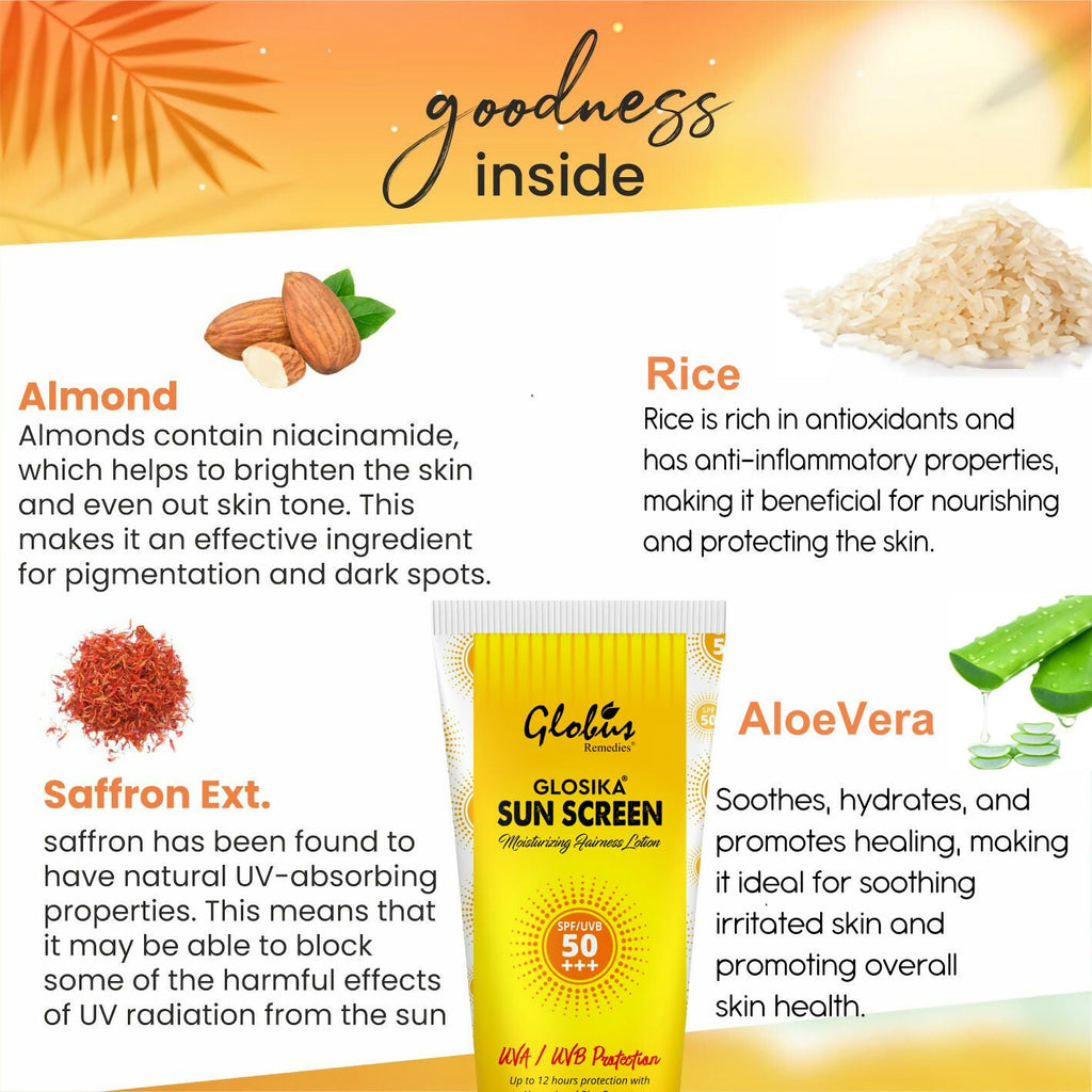 Globus Remedies Glosika Sunscreen Lotion, SPF 50 PA+++ Up to 12 hrs Protection