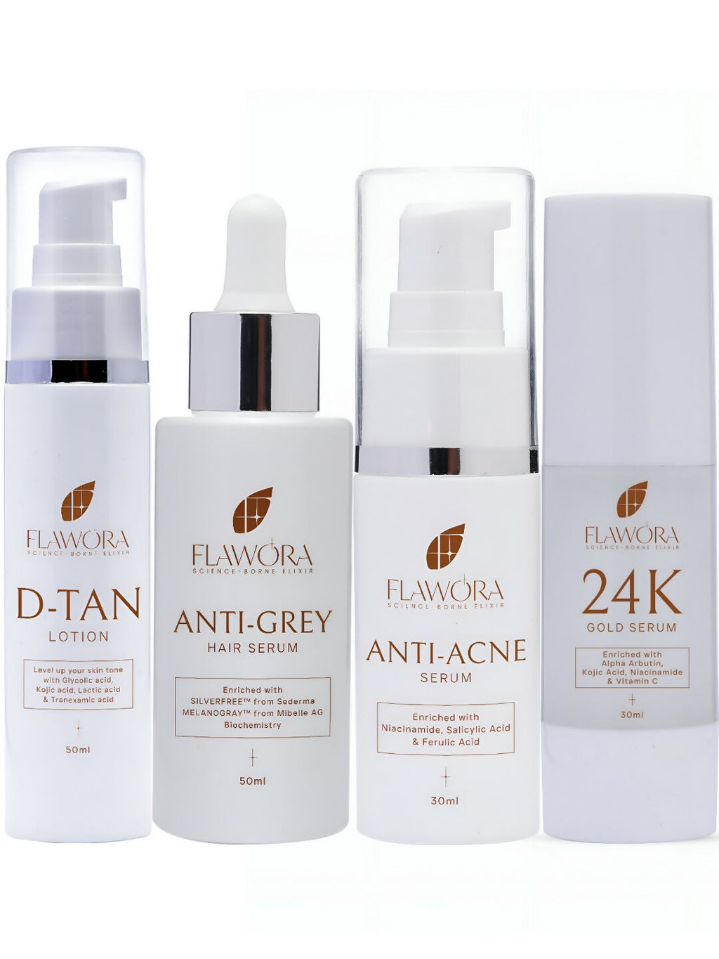 Flawora D-Tan Lotion, Anti Acne Serum, Anti-Grey Hair Serum and Gold Face Serum Combo