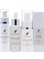 Flawora D-Tan Lotion, Anti Acne Serum, Anti-Grey Hair Serum and Gold Face Serum Combo