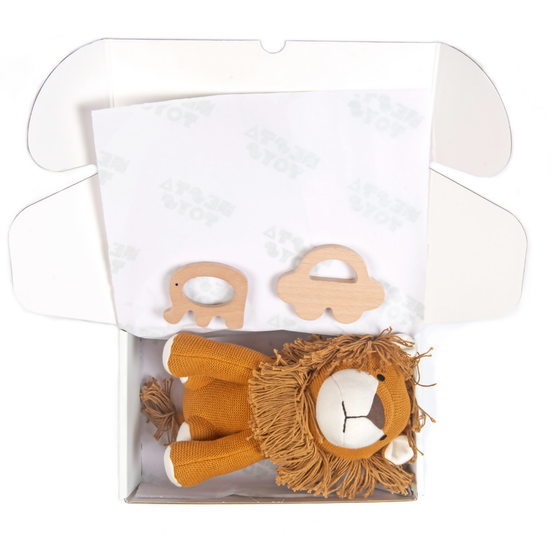 Nesta Toys Newborn Gift Set - Lion Plush Toy, Wooden Elephant & Car Teether