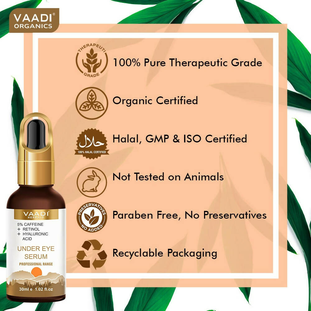 Vaadi Herbals Under Eye Serum With 5% Caffeine & Retinol & Hyaluronic Acid, Reduce Dark Circles, Reverse Aging