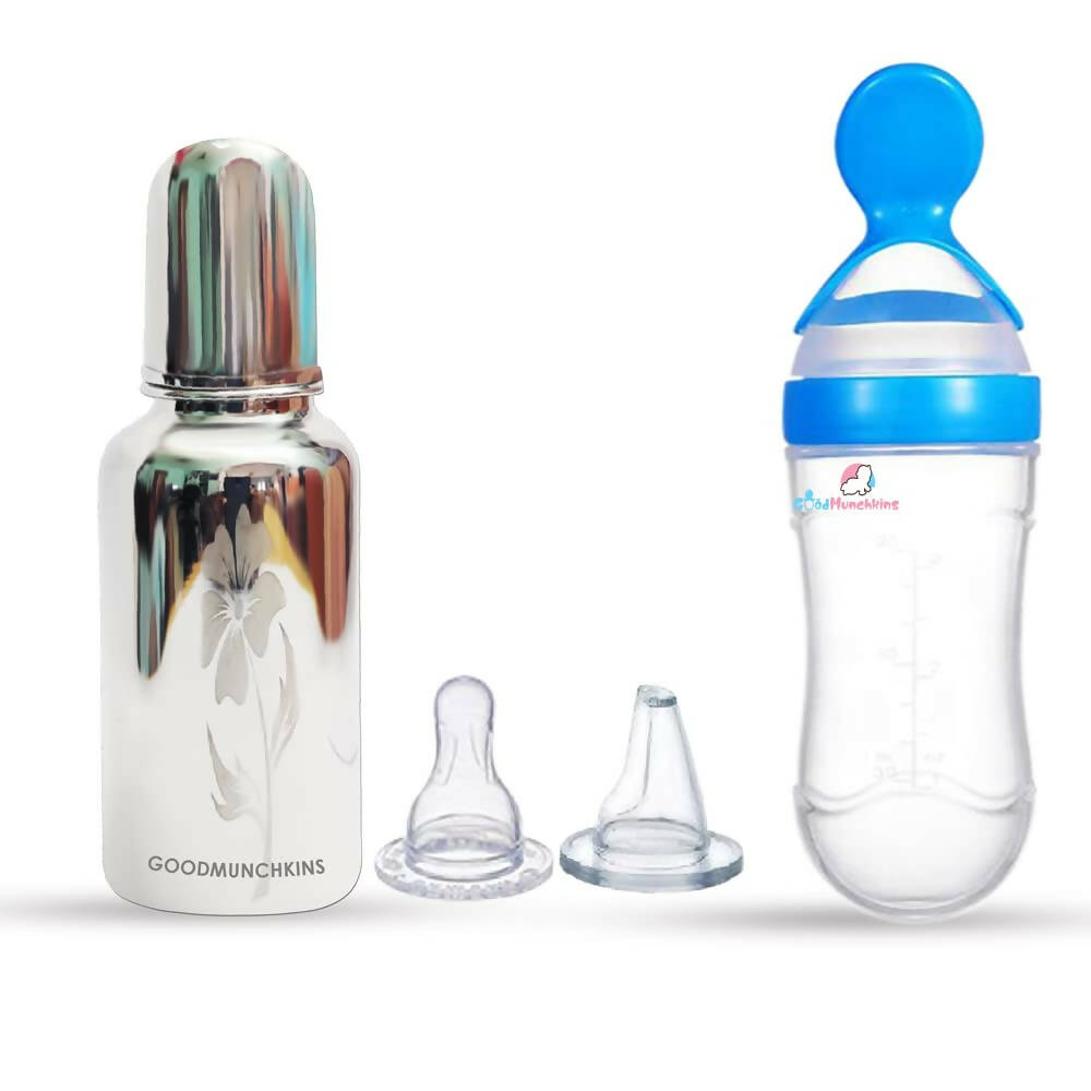 Goodmunchkins Stainless Steel Feeding Bottle & Spoon Food Feeder Anti Colic Silicone Nipple Combo-(Blue, 220ml)