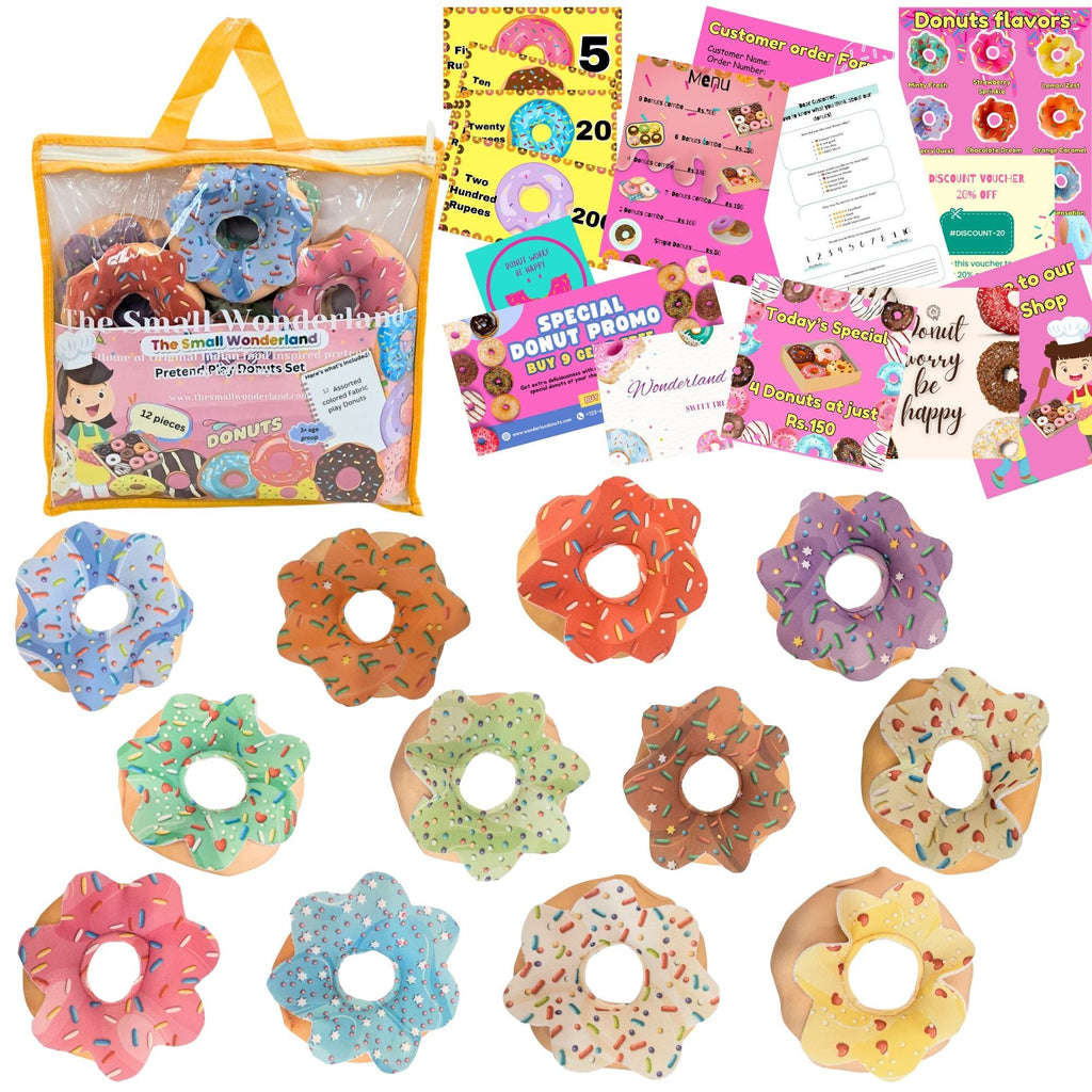 The Small Wonderland Pretend Play Donut Shop Set – 12 Colorful Fabric Donuts with Play Menu, ATM Cards, Money, and Shop Poster
