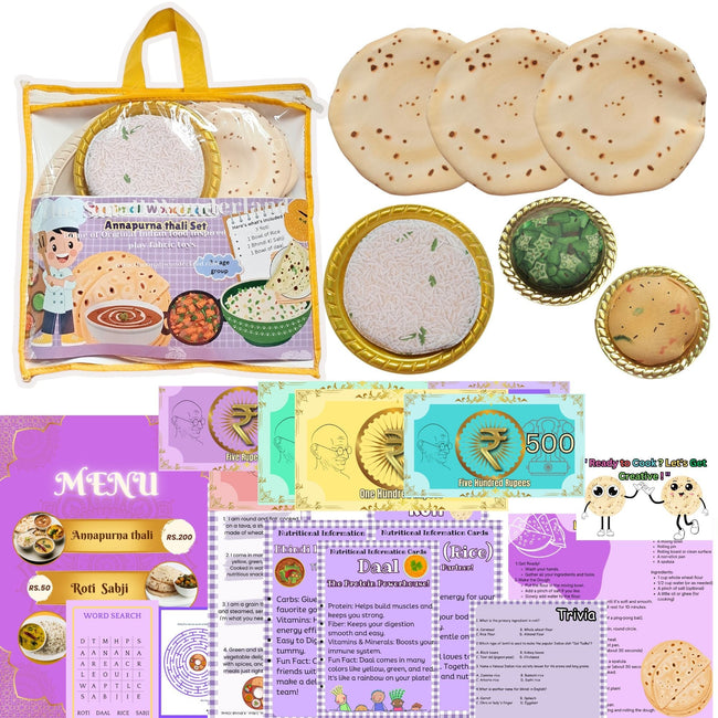 The Small Wonderland Annapurna Thali Pretend Play Set -Roti,Daal ,Rice ,bhindi ki sabji - Indian Food Inspired Pretend Play toys Hover Image
