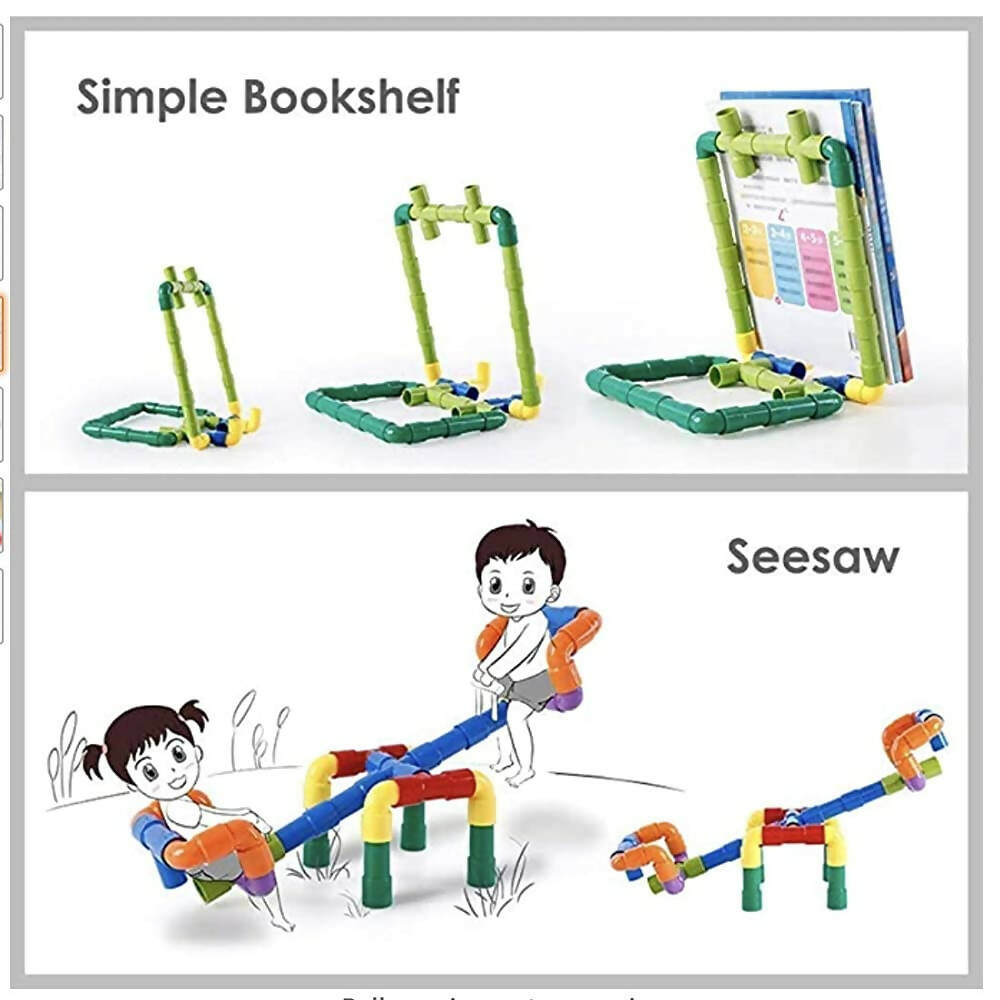 Kipa 90 Pieces Pipe Puzzle, Educational & Intellectual Role Playing Model Construction Blocks with Rolling Wheelbase , Smooth Edged for Kids