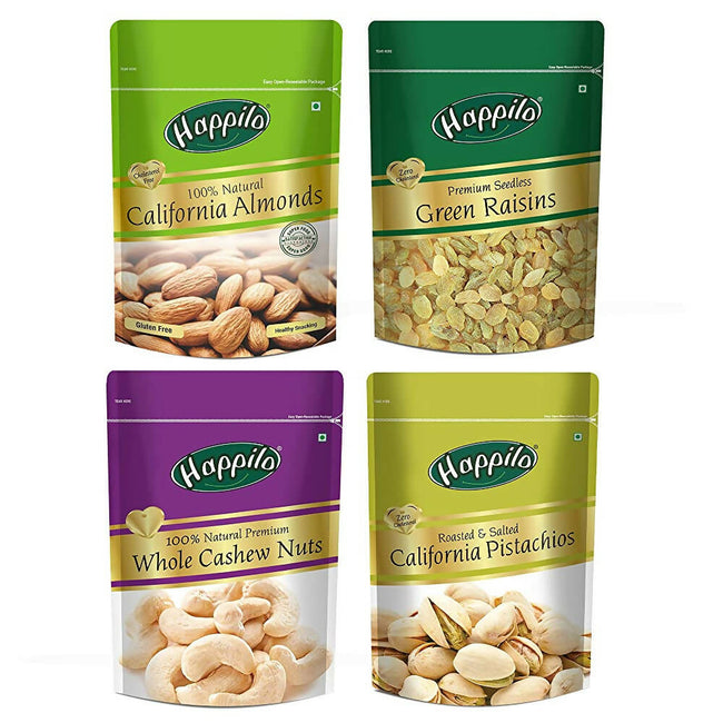 Happilo Premium Dry Fruits Combo (California Almonds, Raisins, Whole Cashews, Roasted Pistachios) Hover Image