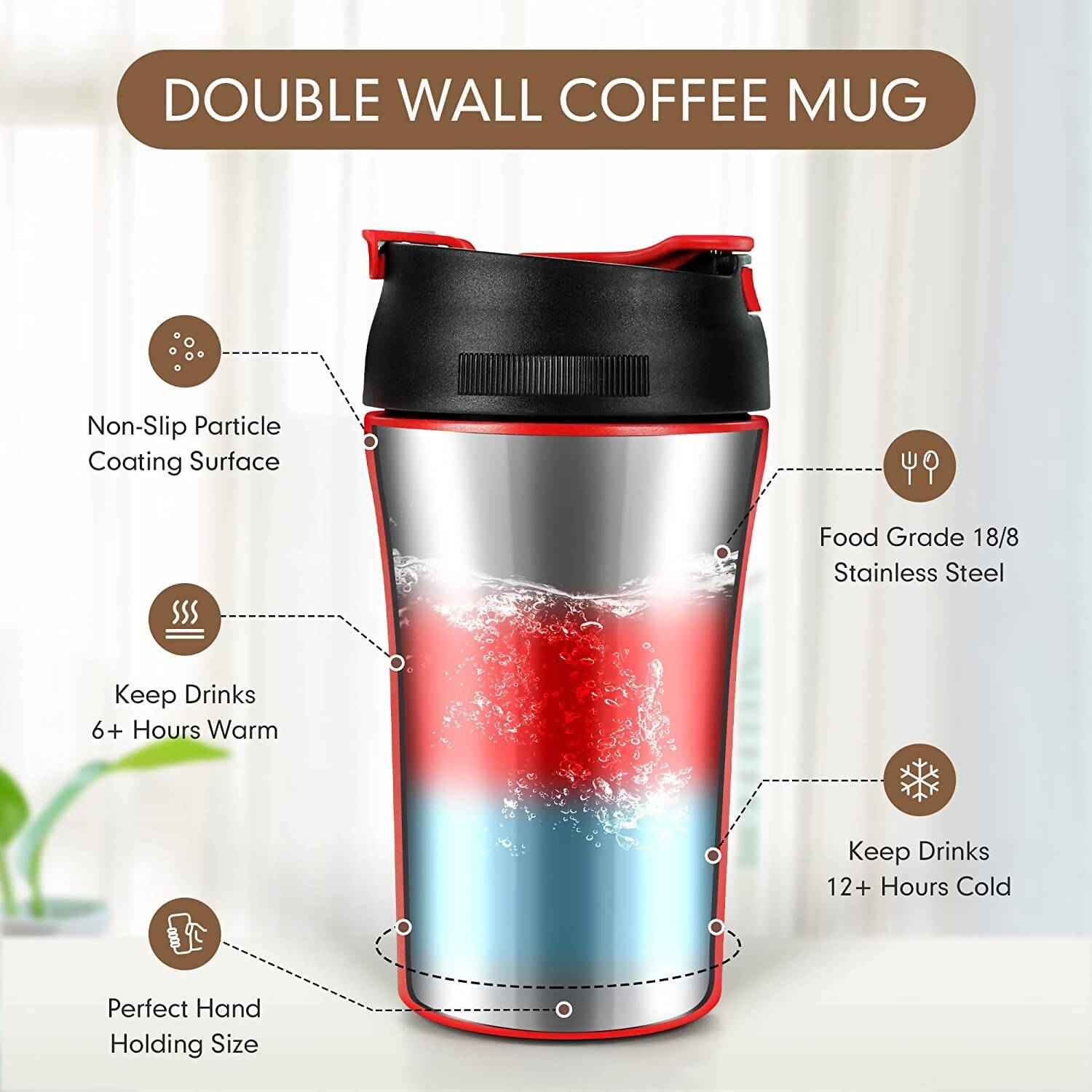 Wosta Reusable Travel Spill Proof Coffee Mug with Lid and Straw Tumbler - 400ml (Red)