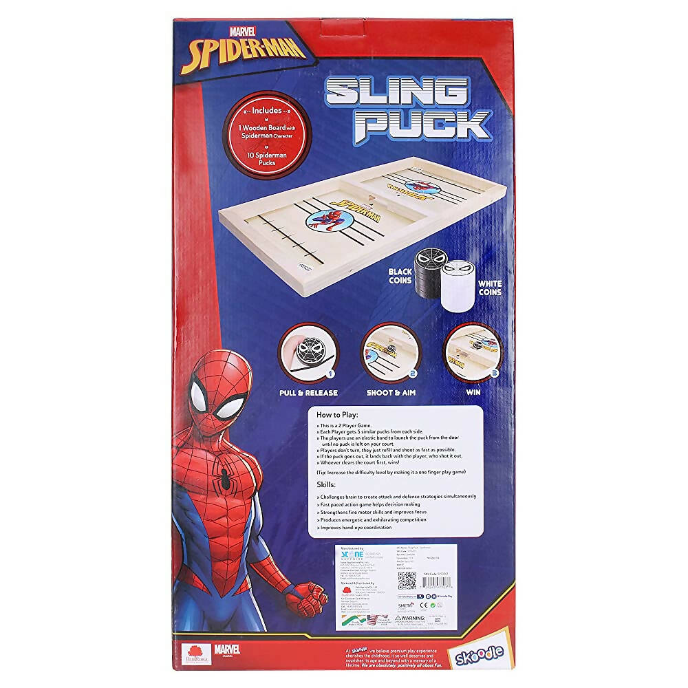 Skoodle Marvel Spider-Man Sling Puck Game, Super Fast Portable Table Board Game for Kids and Adults