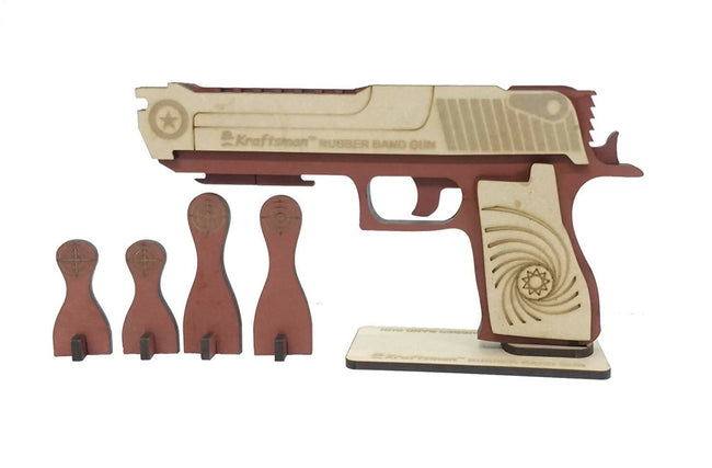 Kraftsman Kraftsman Semi-Automatic Wooden Rubber Band Shooting Gun Toys for Kids & Adults with Target | 5 Rapid Fire Shots (Dark Brown) Hover Image