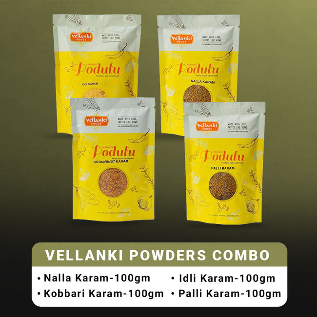 Vellanki Foods Powders 4 Pack Combo (Each 250 gm) - Nalla Karam, Idli Karam, Kobbari Karam, Palli Karam Hover Image