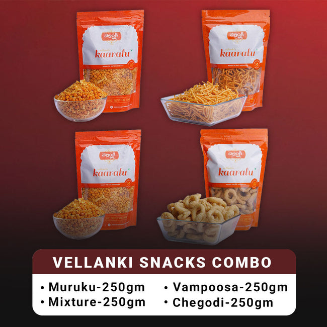 Vellanki Foods Namkeen Combo Pack (250g Each) - Muruku, Chegodi, Vampoosa, Mixture Hover Image