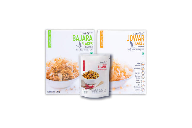 Skyroots Bajara Flakes + Jowar Flakes + Roasted Masala Chana Combo Pack Hover Image