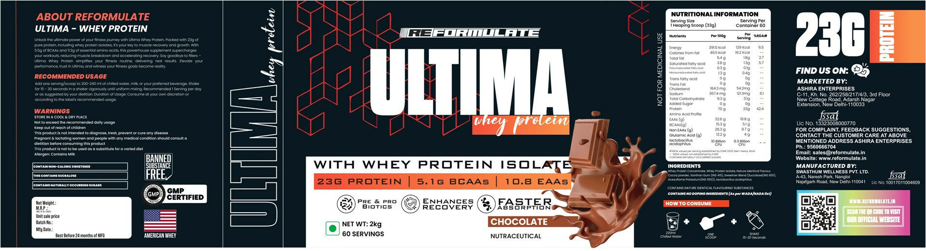 Reformulate Ultima I Whey Protein with Isolate I 23 G Protein I 5.1G BCAA I 10.8 EAA I Pre & Probiotics - Chocolate