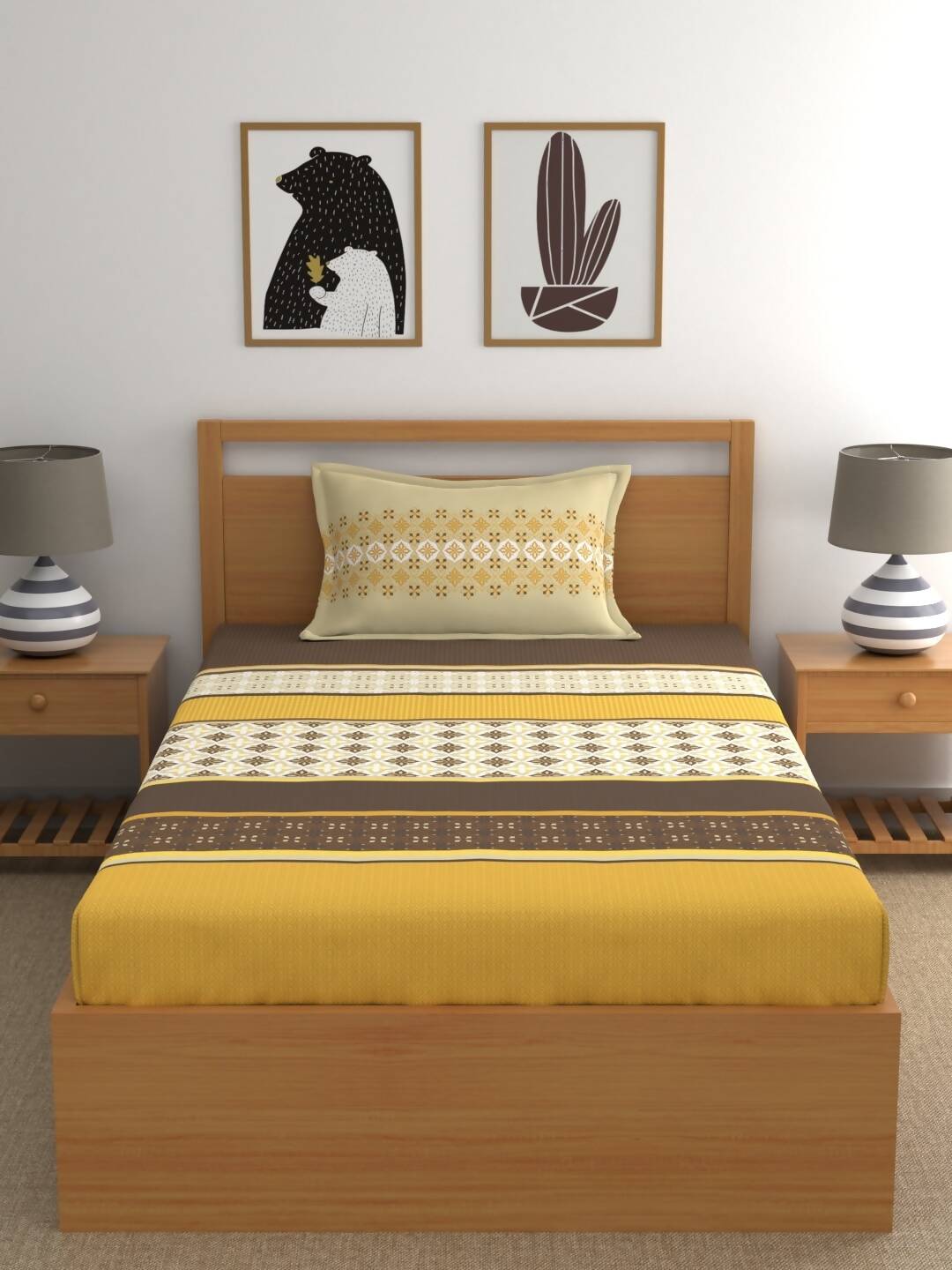 Home Ecstasy Mustard & Cream Ethnic Motifs 140TC Bedsheet With Pillow Covers