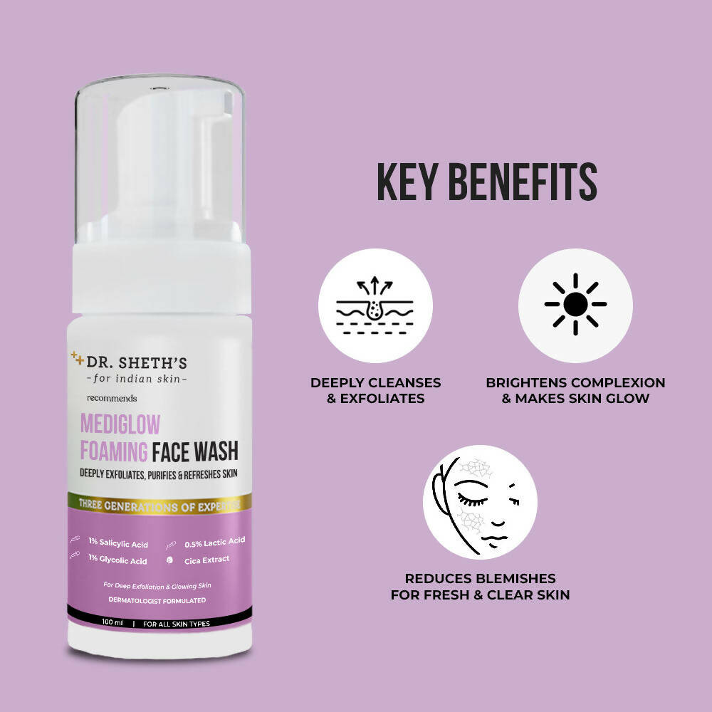 Dr. Sheth's Mediglow Foaming Face Wash For Glowing Skin, Deeply Cleanses, Exfoliates & Unclogs Pores, For All Skin Types