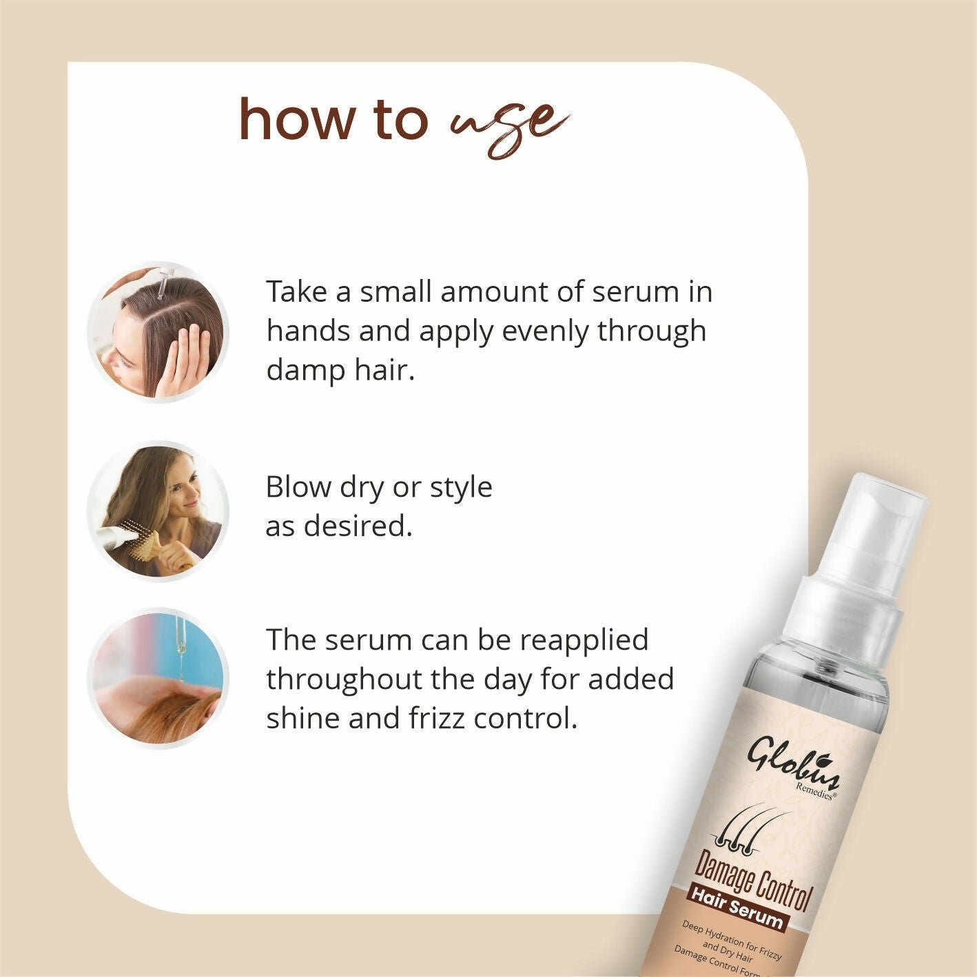 Globus Remedies Damage Control Hair Serum, For Frizzy Hair, Smoothens Rough Ends, Adds Instant Shine,100ml
