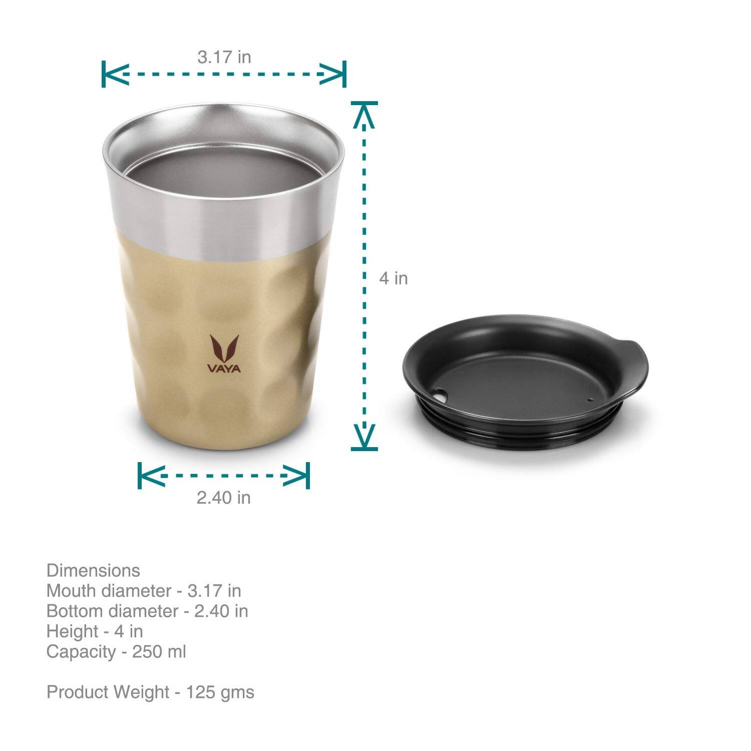 Vaya Popcup Insulated Coffee Mug Tumbler With Lid - 250 ml (Gold)