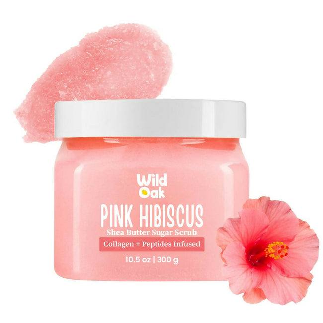 Wild Oak Pink Hibiscus Shea Butter Sugar Scrub with Ascorbic Acid, Vegan Collagen & Peptides For Tan Removal & Smooth Skin Hover Image
