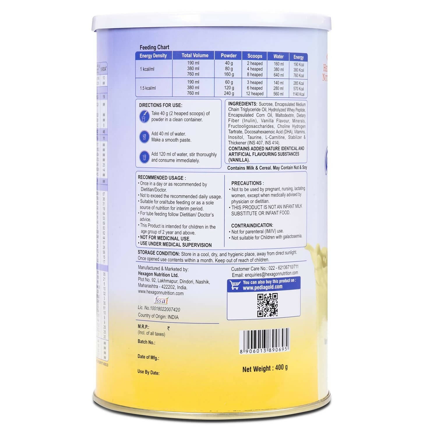 PediaGold Plus 100% Peptide Diet for Children - Vanilla Flavor